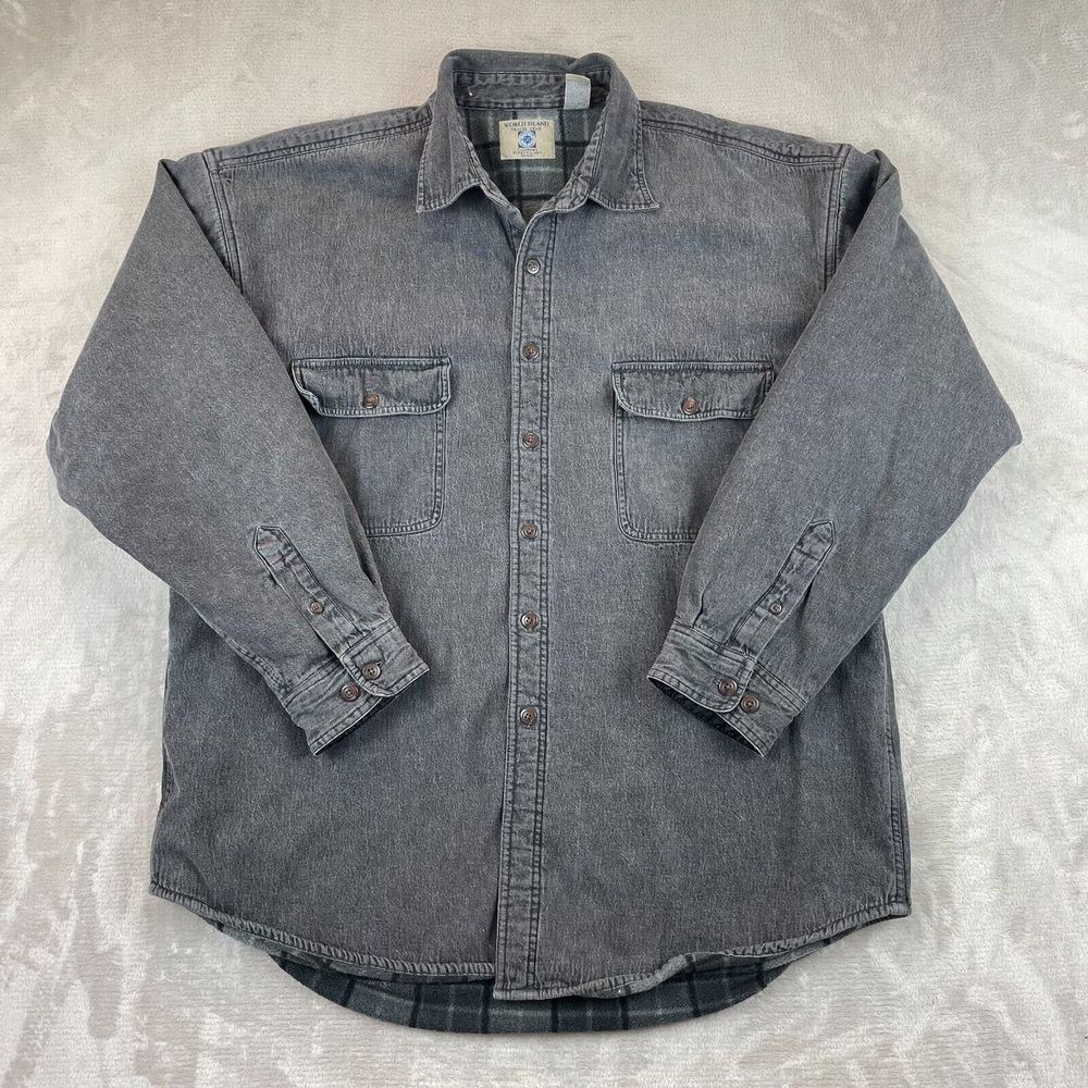 Vintage World Island Shirt‎ Jacket Men 2XL Charcoal Fleece Lined Denim Button Up